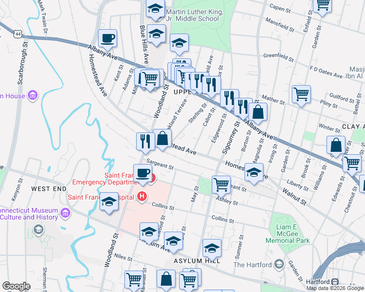 map of restaurants, bars, coffee shops, grocery stores, and more near 188 Homestead Avenue in Hartford