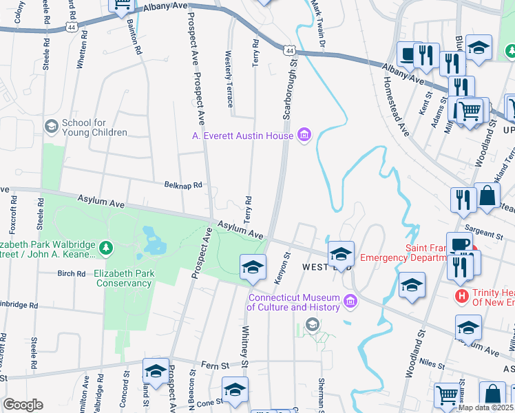 map of restaurants, bars, coffee shops, grocery stores, and more near 40 Terry Road in Hartford