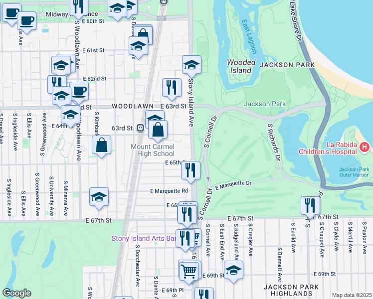 map of restaurants, bars, coffee shops, grocery stores, and more near 6426 South Stony Island Avenue in Chicago
