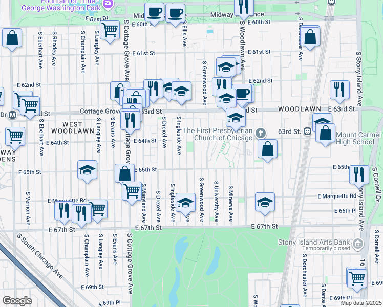 map of restaurants, bars, coffee shops, grocery stores, and more near 6421 South Ellis Avenue in Chicago