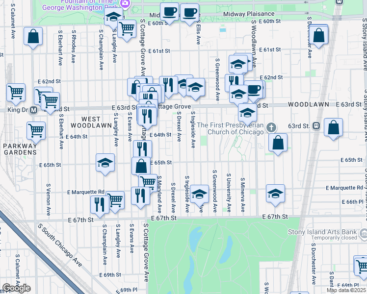 map of restaurants, bars, coffee shops, grocery stores, and more near 6418 South Drexel Avenue in Chicago