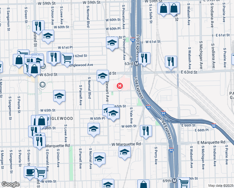 map of restaurants, bars, coffee shops, grocery stores, and more near 6425 South Harvard Avenue in Chicago