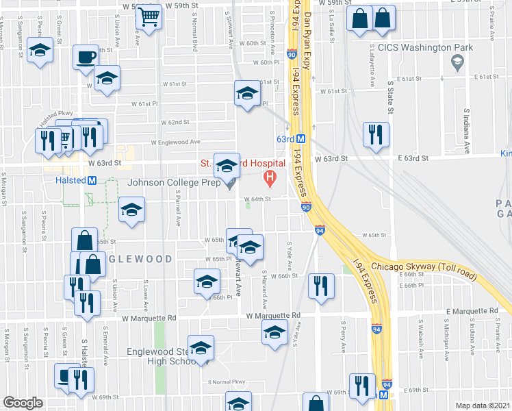 map of restaurants, bars, coffee shops, grocery stores, and more near 6204 South Stewart Avenue in Chicago
