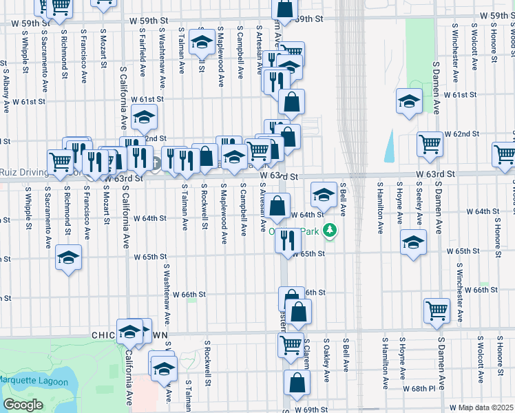 map of restaurants, bars, coffee shops, grocery stores, and more near 6337 South Campbell Avenue in Chicago