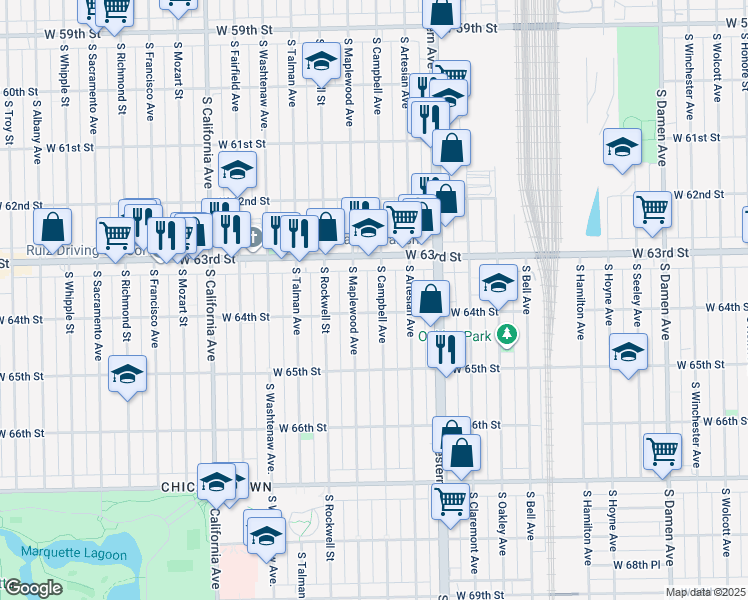 map of restaurants, bars, coffee shops, grocery stores, and more near 6339 South Maplewood Avenue in Chicago