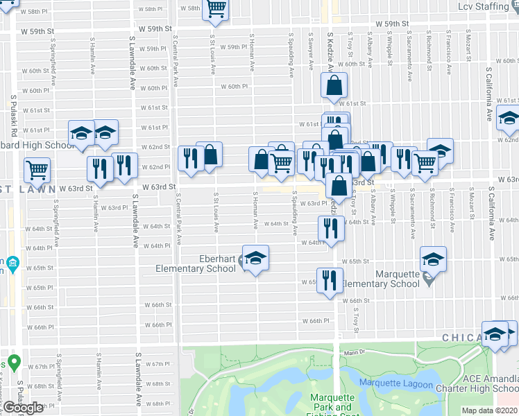 map of restaurants, bars, coffee shops, grocery stores, and more near 3357 West 63rd Place in Chicago