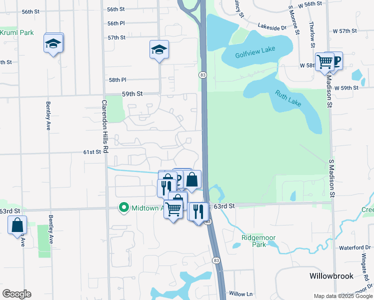 map of restaurants, bars, coffee shops, grocery stores, and more near 6107 Knoll Wood Road in Willowbrook