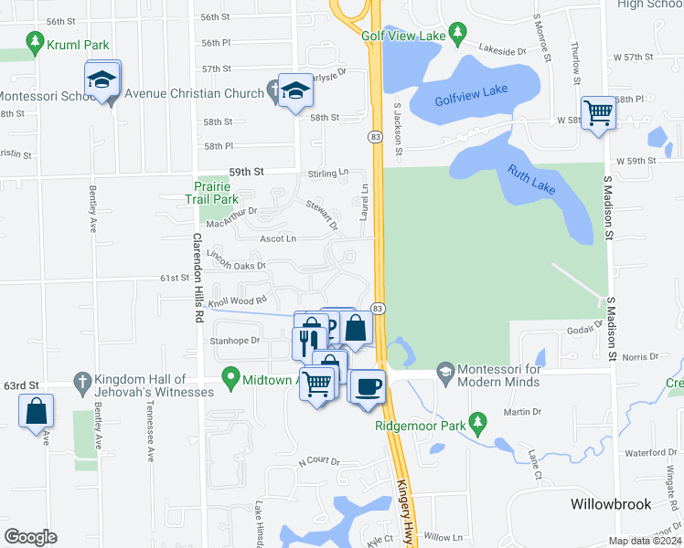 map of restaurants, bars, coffee shops, grocery stores, and more near 6107 Knoll Wood Road in Willowbrook