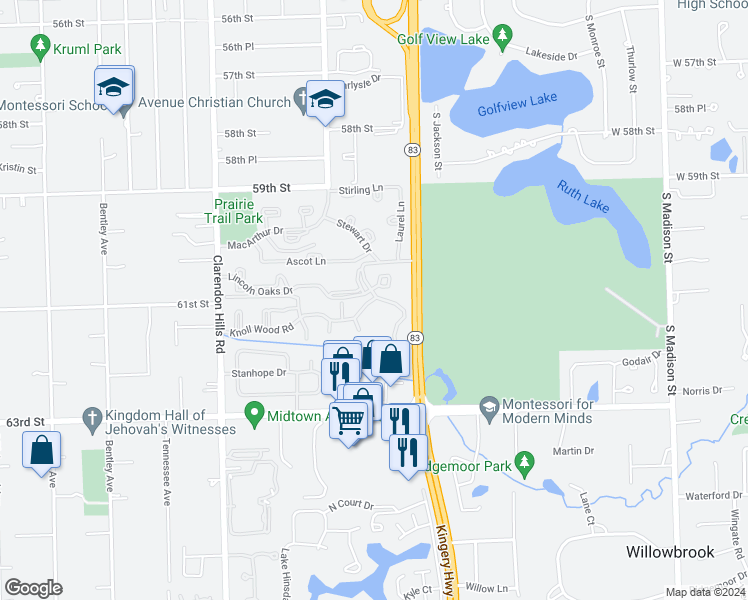 map of restaurants, bars, coffee shops, grocery stores, and more near 6107 Knoll Wood Road in Willowbrook
