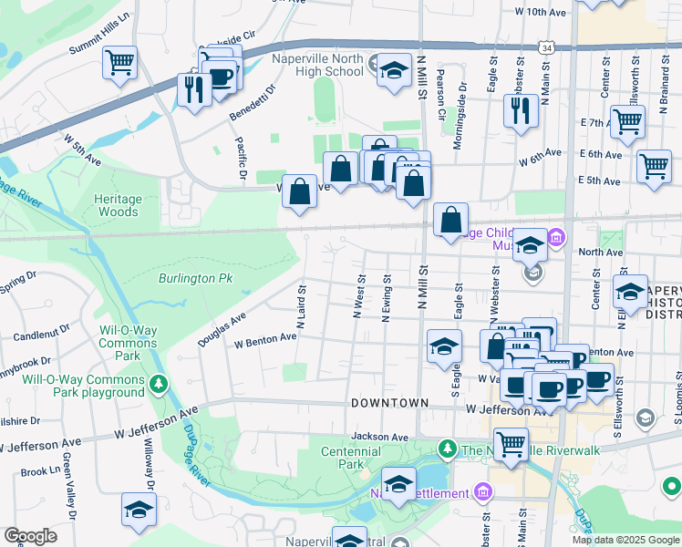 map of restaurants, bars, coffee shops, grocery stores, and more near 217 North West Street in Naperville