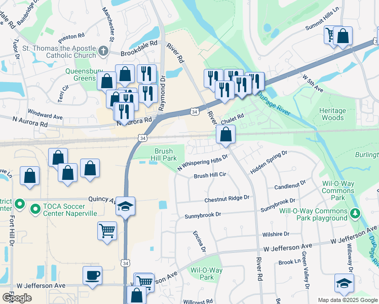 map of restaurants, bars, coffee shops, grocery stores, and more near 1342 Crabapple Court in Naperville