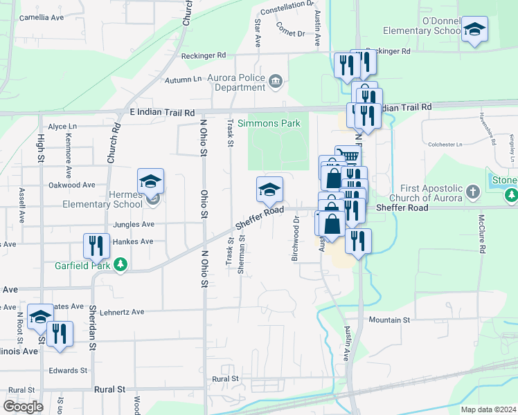 map of restaurants, bars, coffee shops, grocery stores, and more near 1110 Sheffer Road in Aurora