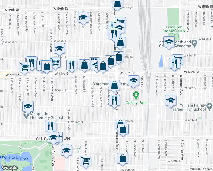 map of restaurants, bars, coffee shops, grocery stores, and more near 6348 South Artesian Avenue in Chicago