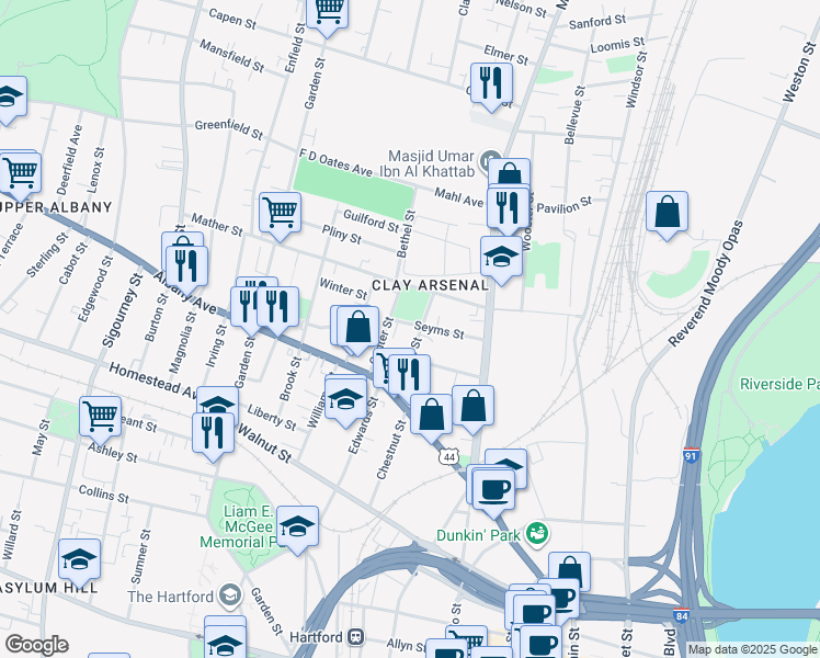 map of restaurants, bars, coffee shops, grocery stores, and more near 72 Seyms Street in Hartford