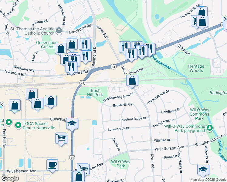 map of restaurants, bars, coffee shops, grocery stores, and more near 1342 Crabapple Court in Naperville