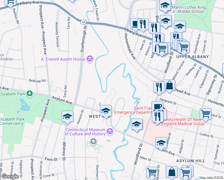 map of restaurants, bars, coffee shops, grocery stores, and more near 53 Goodwin Circle in Hartford