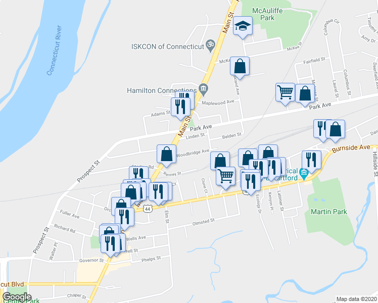 map of restaurants, bars, coffee shops, grocery stores, and more near 34 Woodbridge Avenue in East Hartford