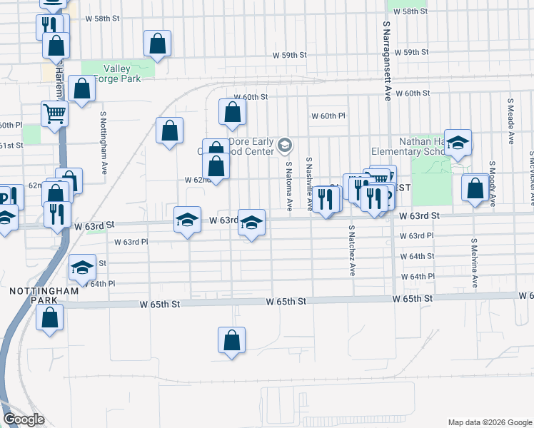 map of restaurants, bars, coffee shops, grocery stores, and more near 6244 South Normandy Avenue in Chicago