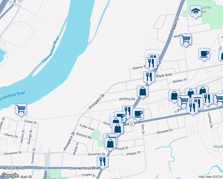 map of restaurants, bars, coffee shops, grocery stores, and more near 109 Prospect Street in East Hartford