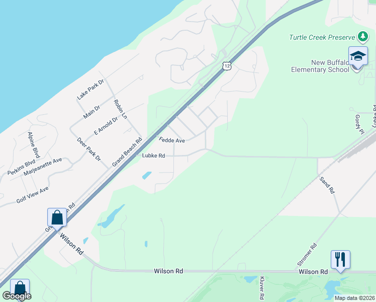 map of restaurants, bars, coffee shops, grocery stores, and more near 13153 Lubke Road in New Buffalo