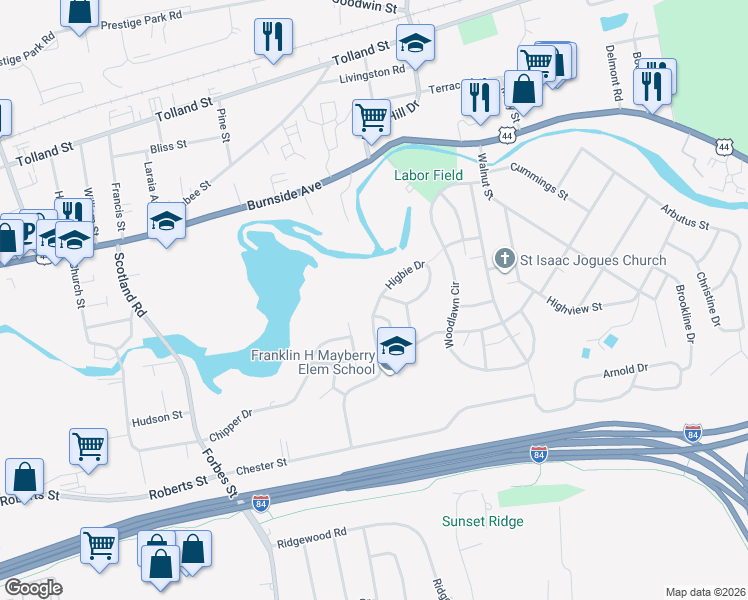 map of restaurants, bars, coffee shops, grocery stores, and more near 34 Higbie Drive in East Hartford