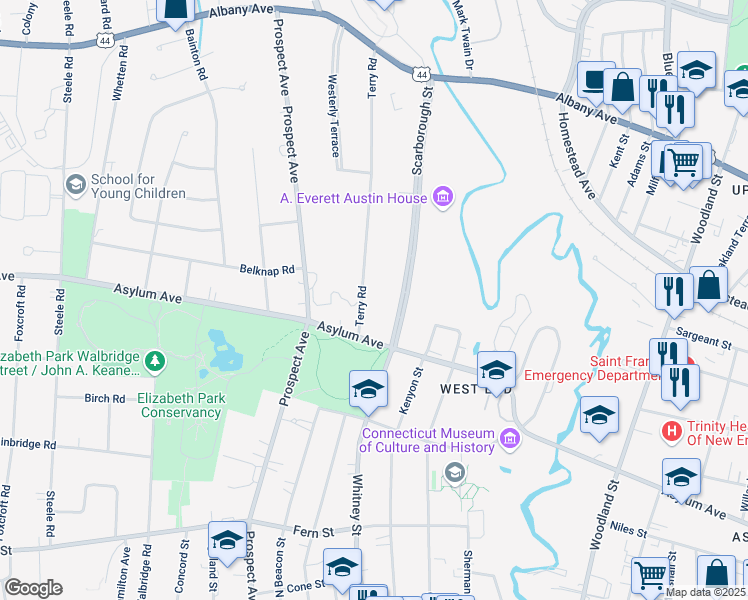 map of restaurants, bars, coffee shops, grocery stores, and more near 40 Terry Road in Hartford