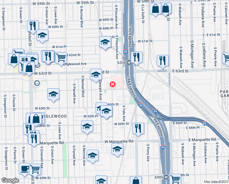 map of restaurants, bars, coffee shops, grocery stores, and more near 6425 South Harvard Avenue in Chicago