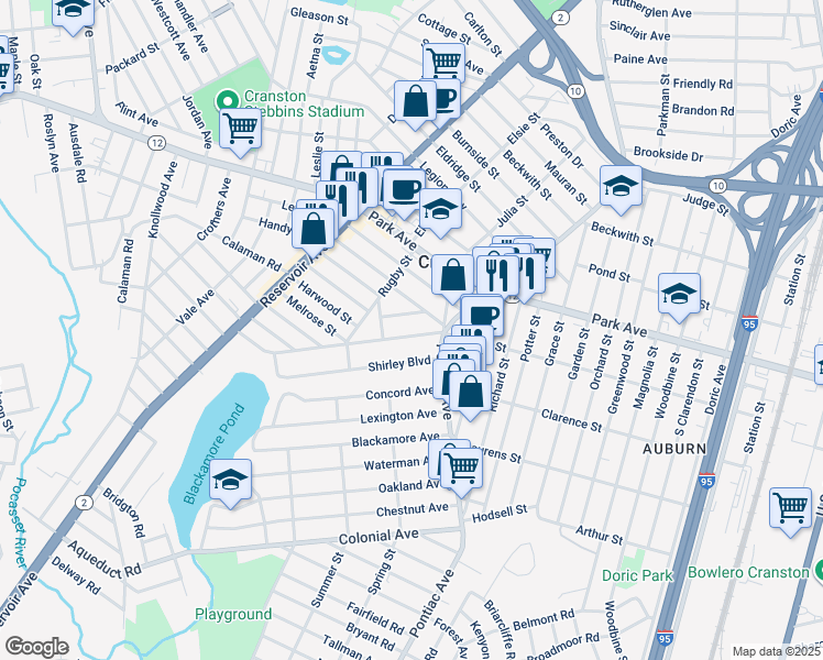 map of restaurants, bars, coffee shops, grocery stores, and more near 293 Auburn St in Cranston