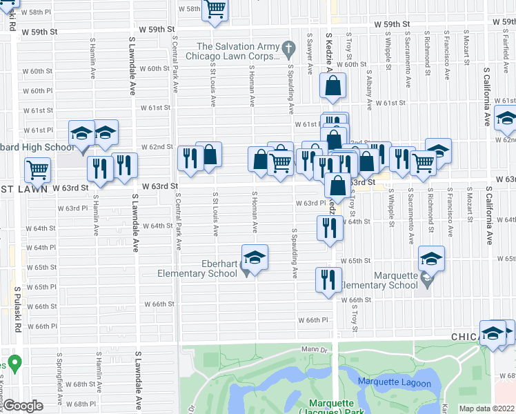 map of restaurants, bars, coffee shops, grocery stores, and more near 3357 West 63rd Place in Chicago