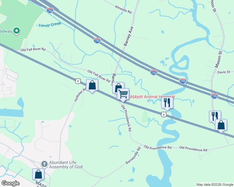 map of restaurants, bars, coffee shops, grocery stores, and more near 56 Fall River Avenue in Rehoboth