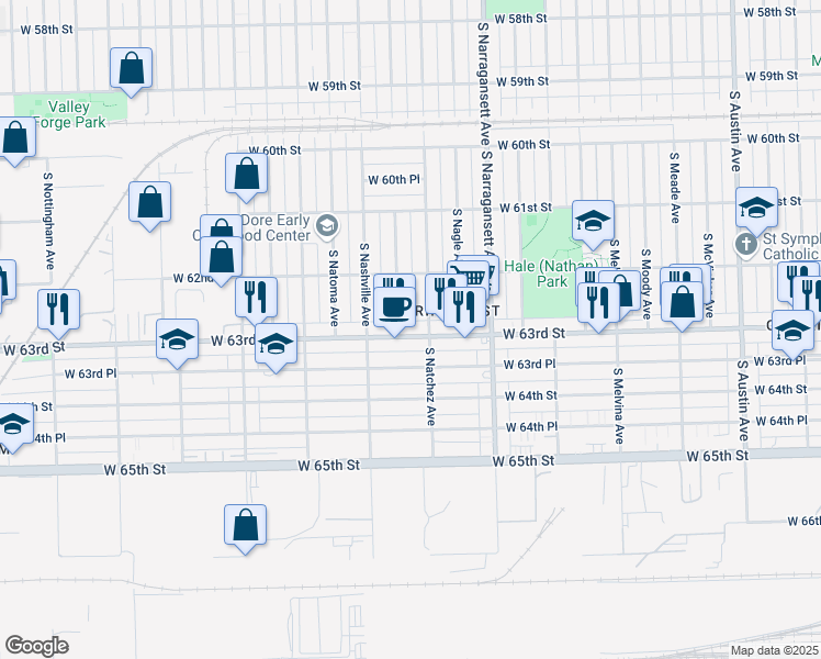 map of restaurants, bars, coffee shops, grocery stores, and more near 6516 West 63rd Street in Chicago