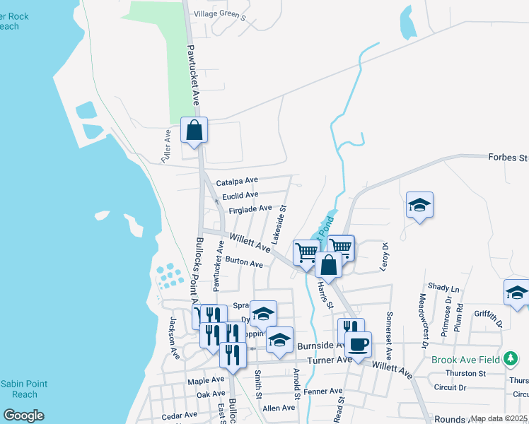 map of restaurants, bars, coffee shops, grocery stores, and more near 55 Firglade Avenue in East Providence