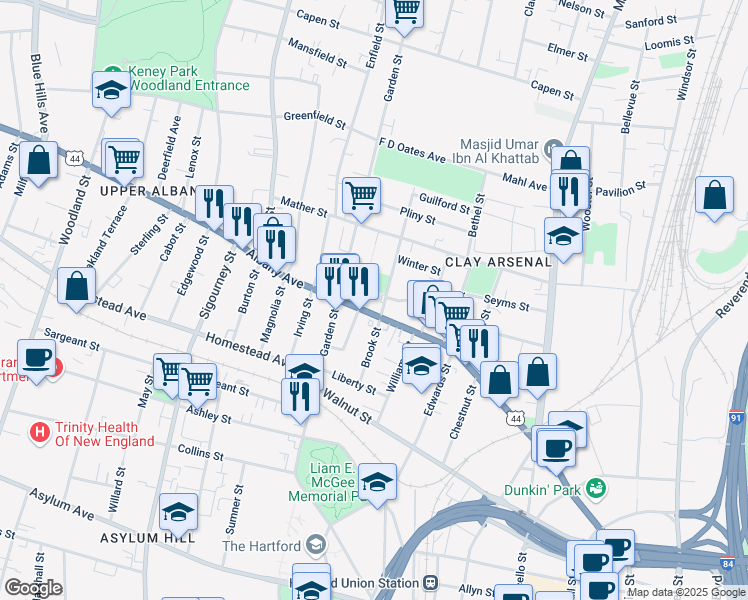 map of restaurants, bars, coffee shops, grocery stores, and more near 444 Albany Avenue in Hartford