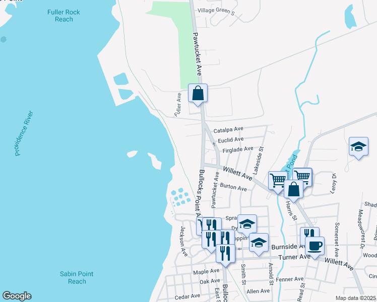 map of restaurants, bars, coffee shops, grocery stores, and more near 31 Bullocks Point Avenue in East Providence