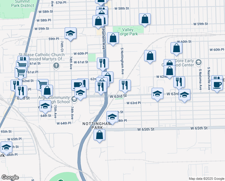 map of restaurants, bars, coffee shops, grocery stores, and more near 7140 W 63rd St in Chicago