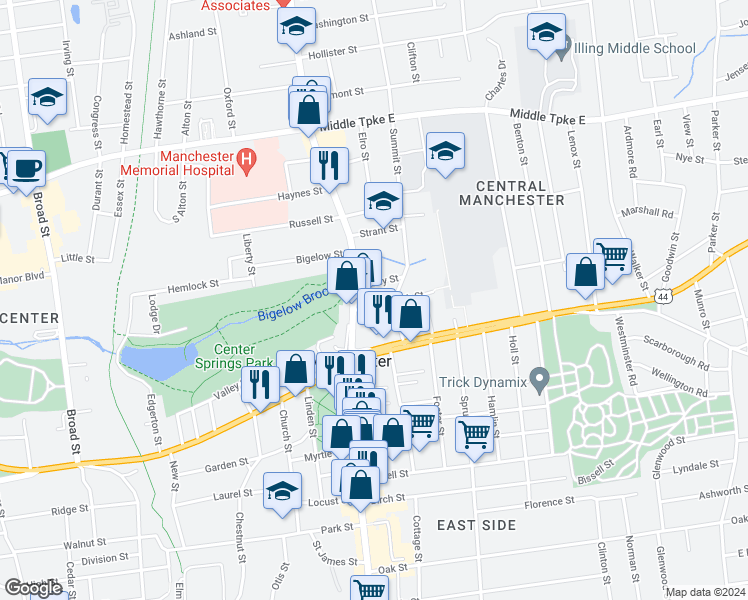 map of restaurants, bars, coffee shops, grocery stores, and more near 19 Wadsworth Street in Manchester