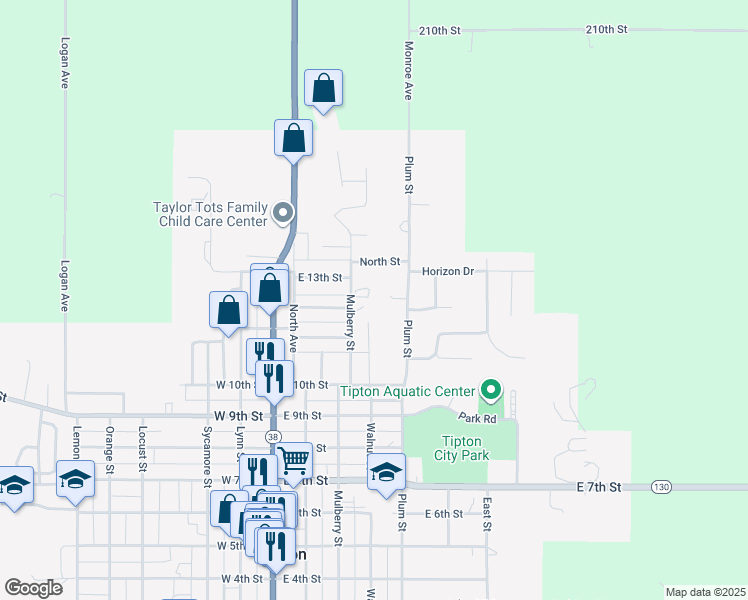 map of restaurants, bars, coffee shops, grocery stores, and more near 1200 Mulberry Street in Tipton