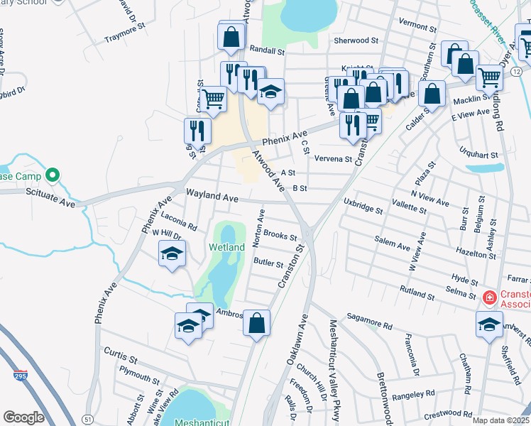 map of restaurants, bars, coffee shops, grocery stores, and more near 15 Norton Avenue in Cranston
