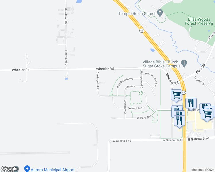 map of restaurants, bars, coffee shops, grocery stores, and more near 324 Carriage Hill Court in Sugar Grove