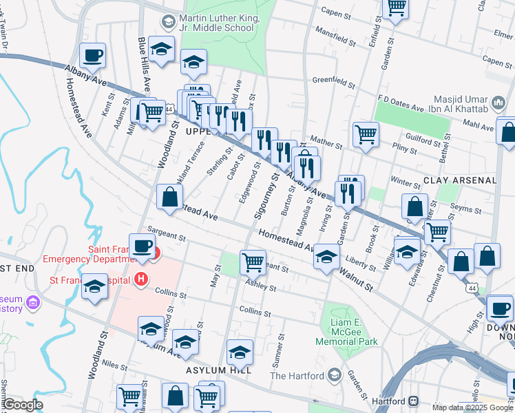 map of restaurants, bars, coffee shops, grocery stores, and more near 365 Sigourney Street in Hartford
