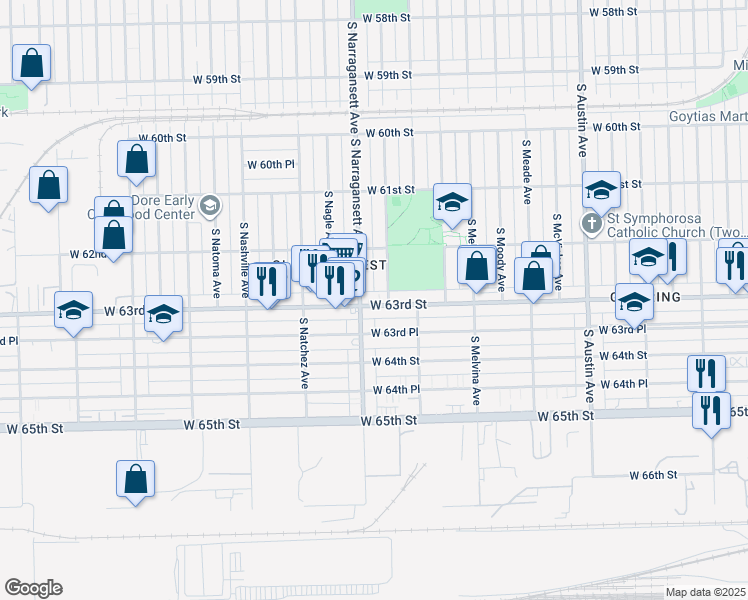 map of restaurants, bars, coffee shops, grocery stores, and more near 6324 West 63rd Street in Chicago