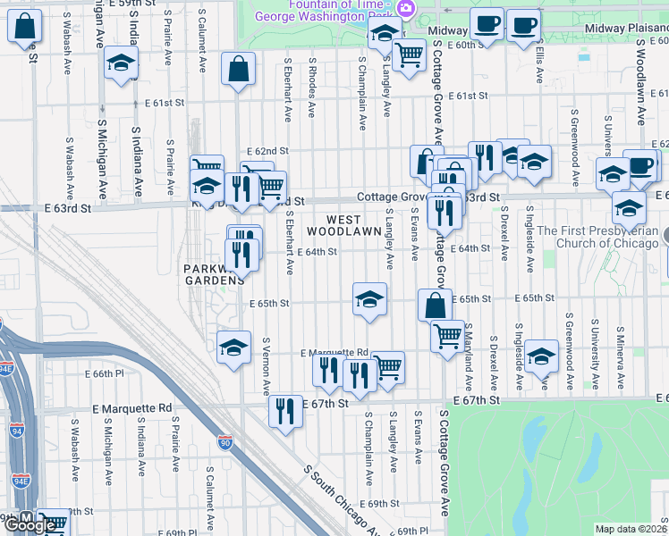 map of restaurants, bars, coffee shops, grocery stores, and more near 6417 South Saint Lawrence Avenue in Chicago