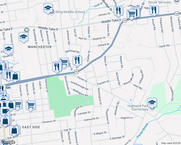 map of restaurants, bars, coffee shops, grocery stores, and more near 20 Green Hill Street in Manchester