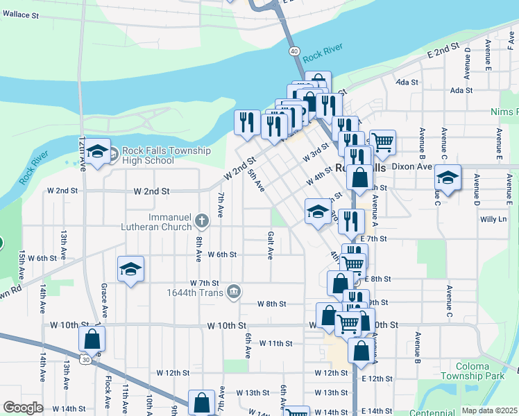 map of restaurants, bars, coffee shops, grocery stores, and more near 510 West 4th Street in Rock Falls