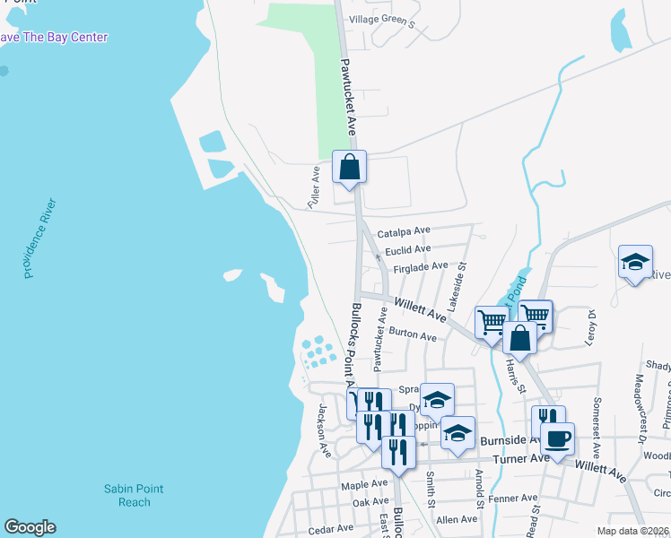 map of restaurants, bars, coffee shops, grocery stores, and more near 41 Bullocks Point Avenue in East Providence