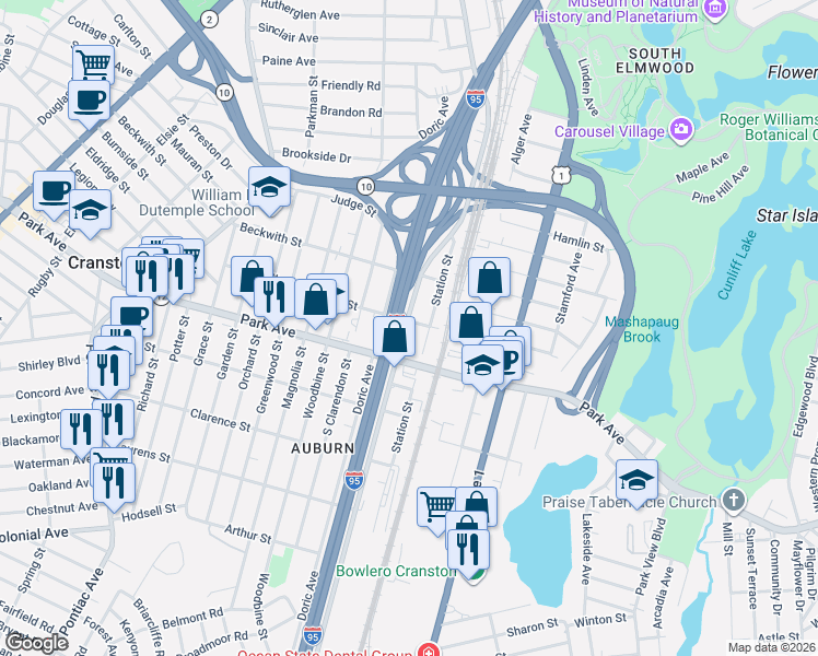 map of restaurants, bars, coffee shops, grocery stores, and more near 396 Wellington Avenue in Cranston