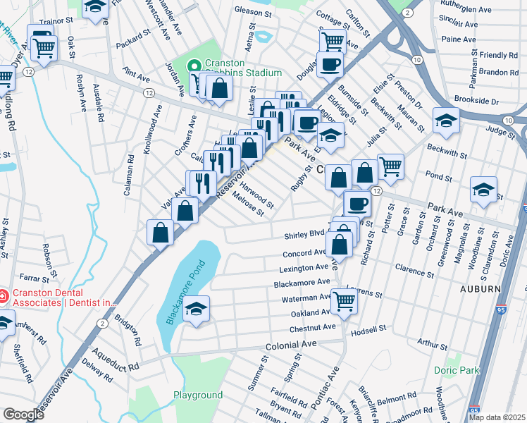 map of restaurants, bars, coffee shops, grocery stores, and more near 23 Melrose Street in Cranston