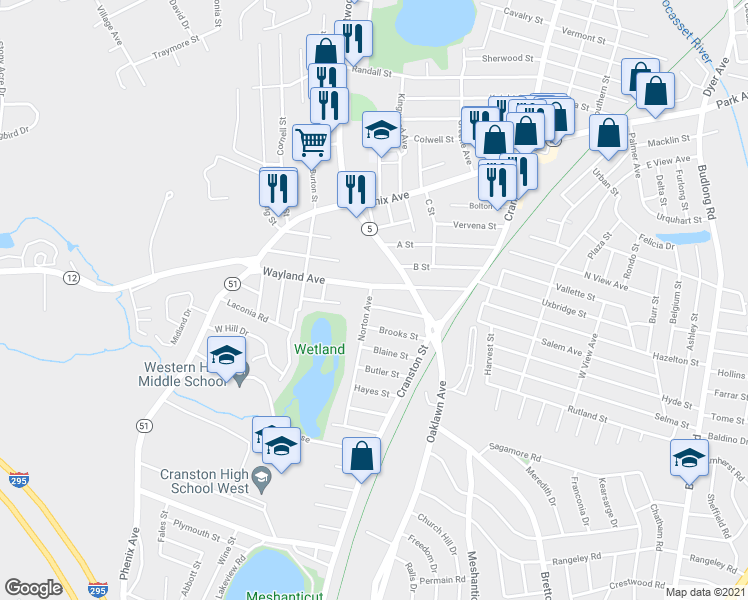 map of restaurants, bars, coffee shops, grocery stores, and more near 15 Norton Avenue in Cranston
