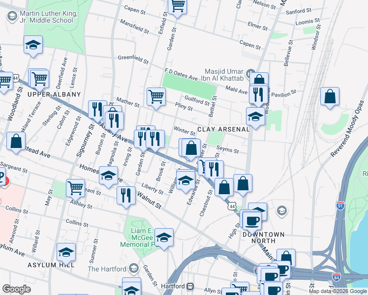 map of restaurants, bars, coffee shops, grocery stores, and more near 118 Fairmount Street in Hartford