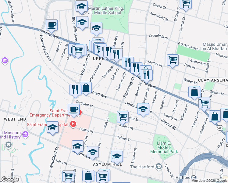 map of restaurants, bars, coffee shops, grocery stores, and more near 18-20 Cabot Street in Hartford